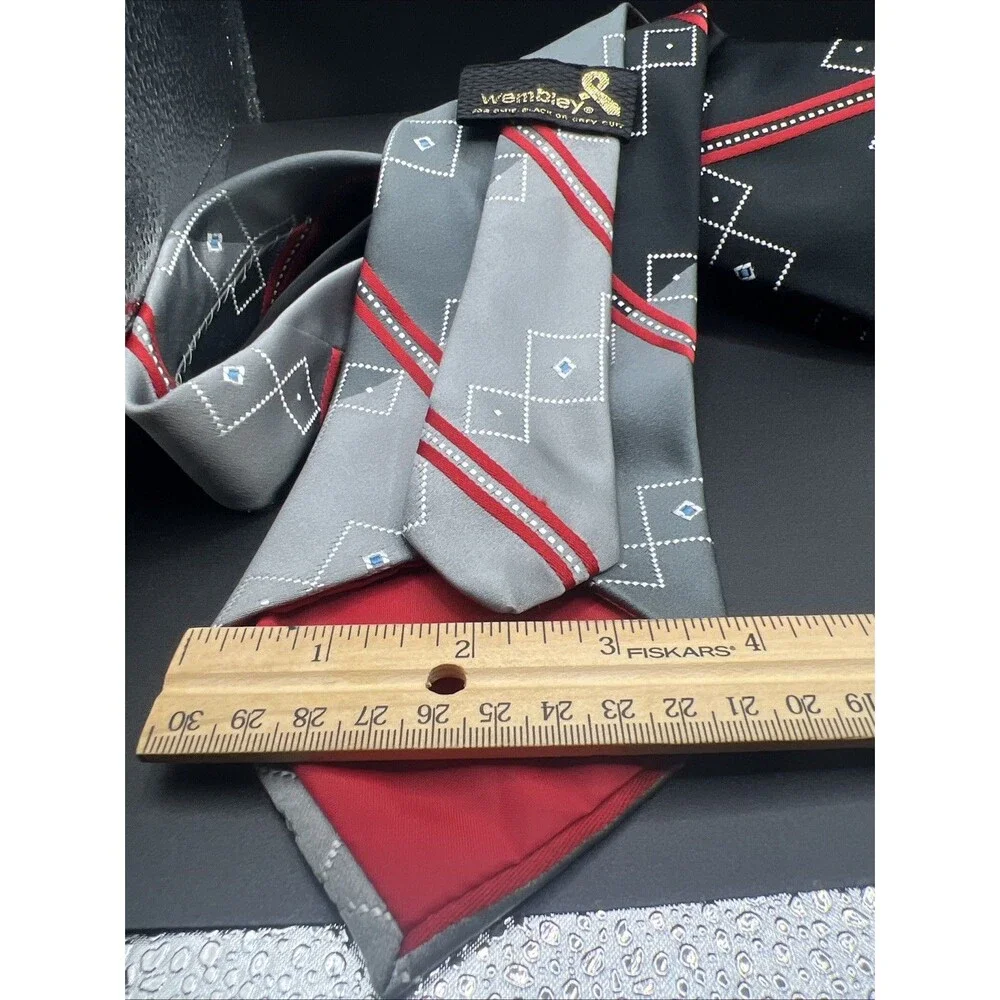 Wembley Geometric necktie. Woven. France. Gray, Black,Red, Blue